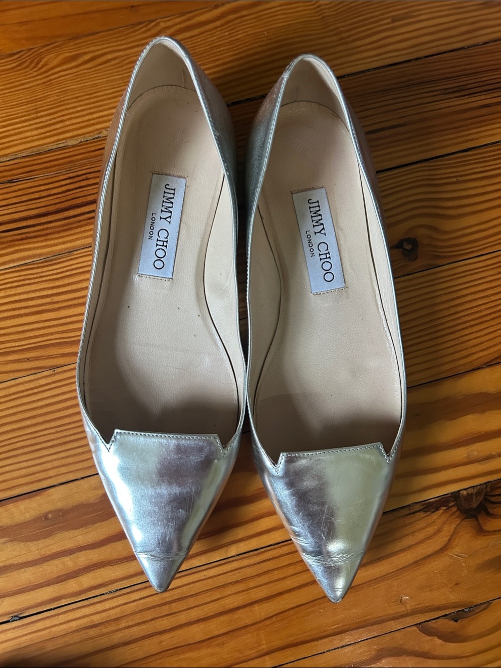 Jimmy Choo Silver Pointed Toe Flats 37